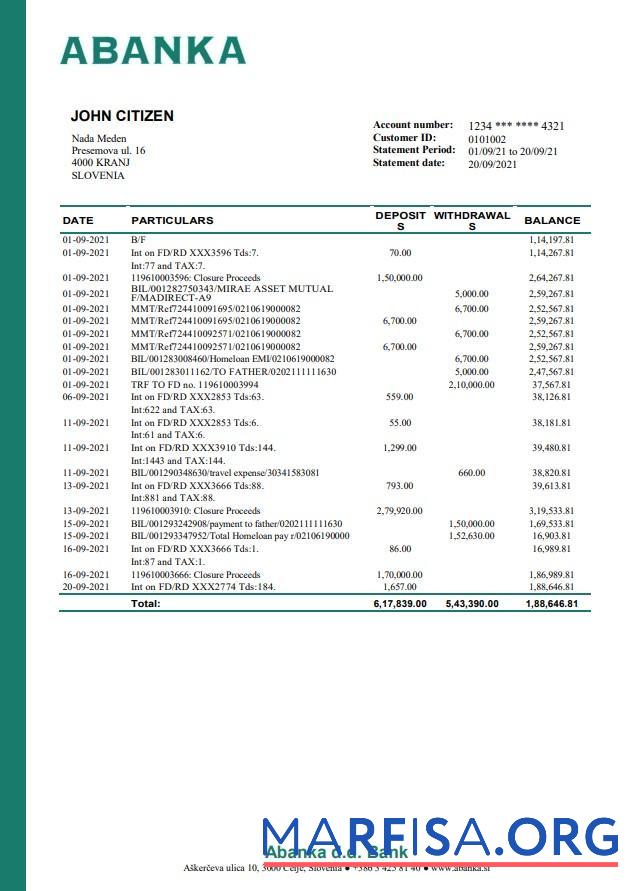 Blank Slovenia Abanka d.d bank statement word real example